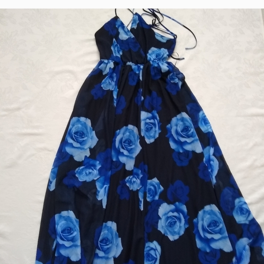 Cutout Back With Ties Chiffon Blue Floral Swing M… - image 1
